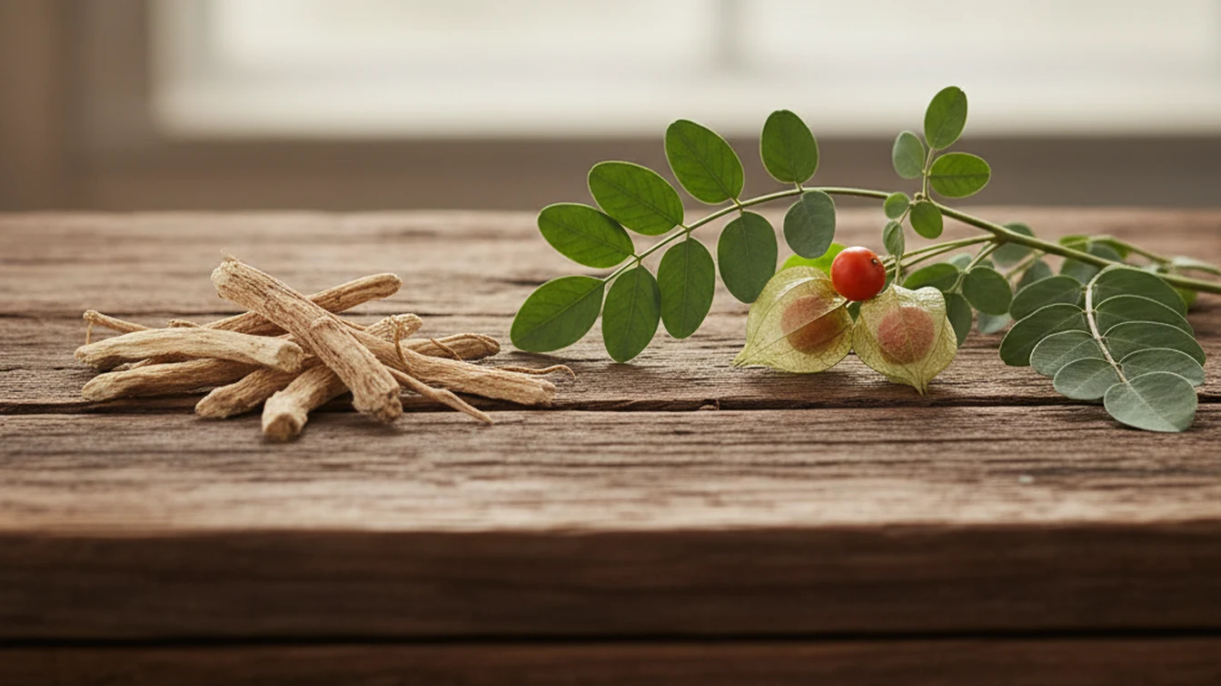 Racines séchées d'ashwagandha et branche feuillue avec baies sur une table en bois