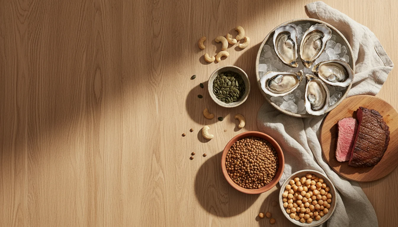Aliments riches en zinc : huîtres, graines de courge, lentilles, pois chiches et bœuf sur une table en bois